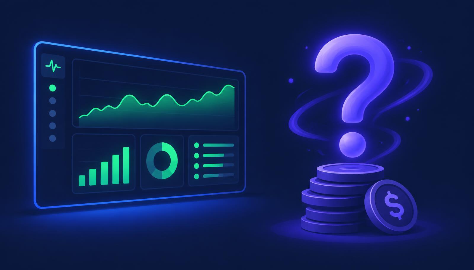 A monitoring dashboard showing green performance charts next to a glowing question mark over cost symbols