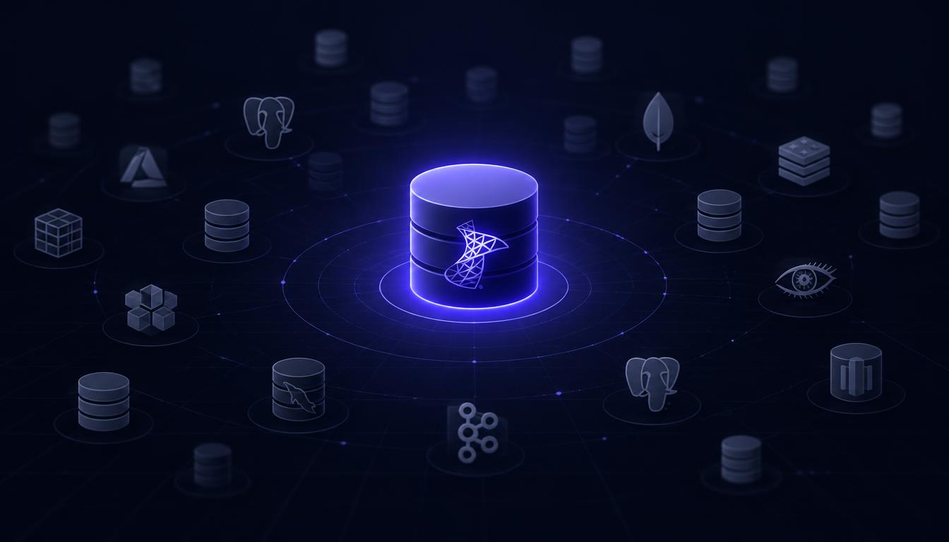 One focused SQL Server database glowing among many generic greyed-out database platforms
