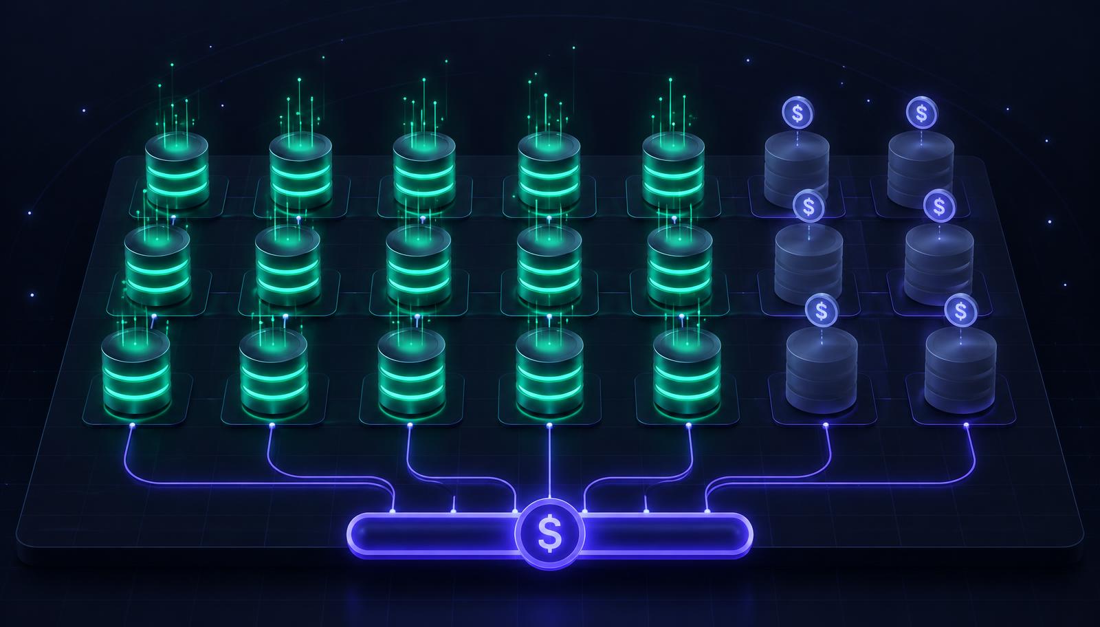 Isometric diagram of SQL Server instances: active instances glowing green and unused instances dim with a cost token floating above each, all feeding one shared cost bar