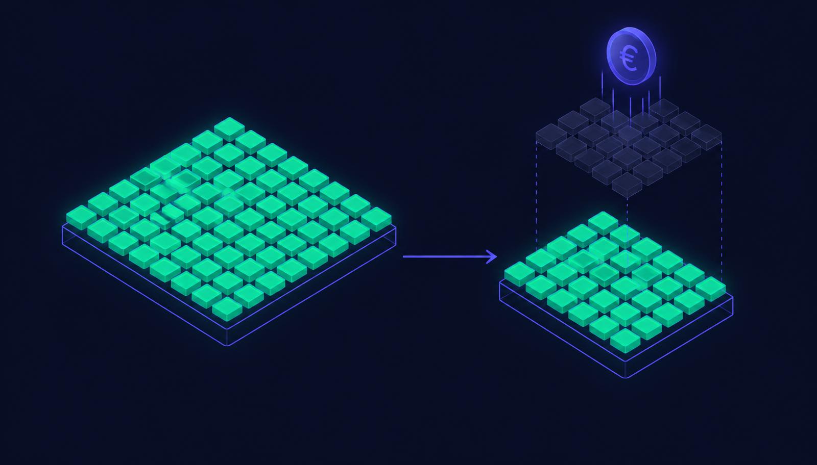Diagram of SQL Server core right-sizing: a large block of licensed cores narrowing to a smaller optimized block, with the removed cores marked as recovered licensing cost